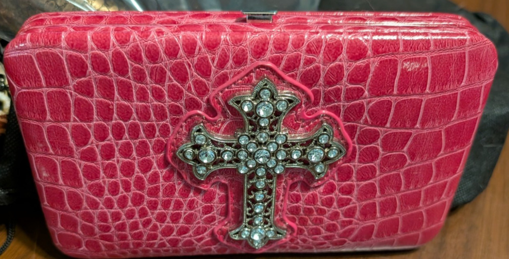 NEW Hananel Wallet Clutch Hot Pink Croc Rhinestone Cross